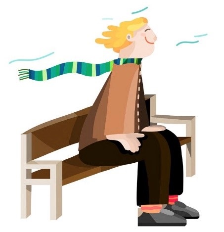 Cartoon image of man sitting with wind on his face