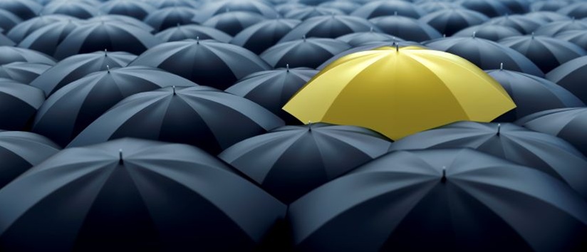 Yellow umbrella in sea of dark umbrellaa