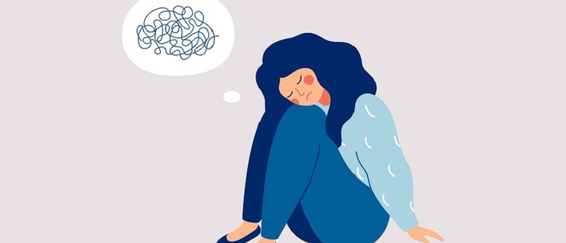Sad girl sits on the floor with tangled thoughts. The unhappy child has confused thinking. The depressed adolescent has memory problems. Concept of mental disorder or illness. Vector illustration